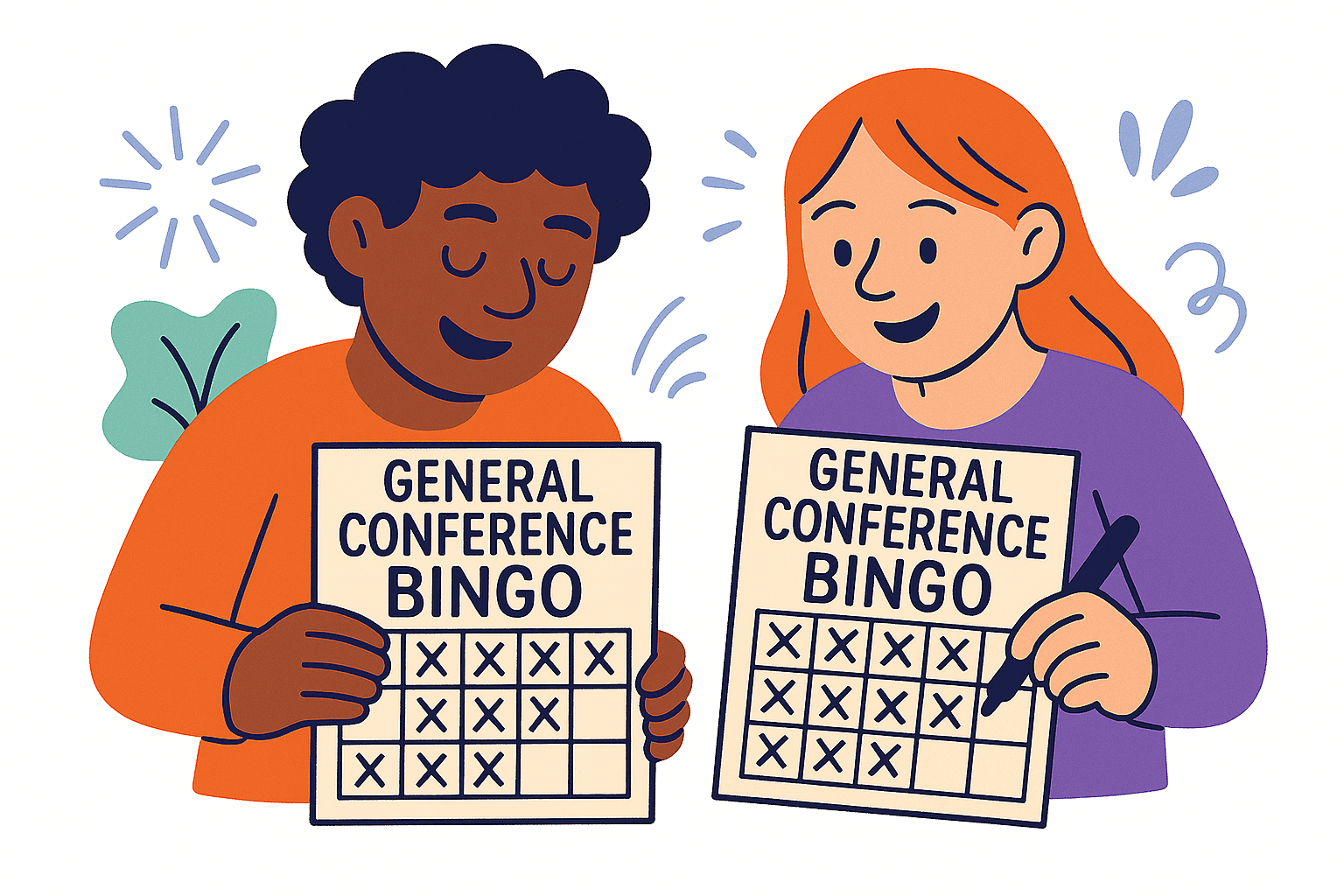 two characters playing general conference bingo